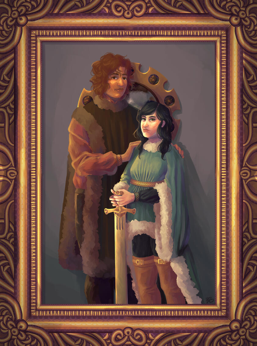 A digital painting of a wedding portrait inspired by early-modern period paintings. Two men stand close together, one short with long black hair and pale skin, one tall with auburn hair and light brown skin. The clothes they are wearing are loosely inspire
