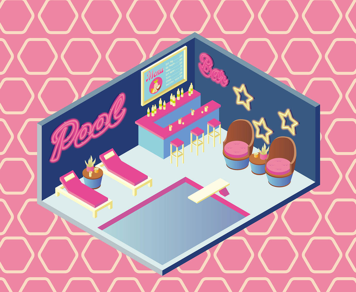 A colorful isometric digital illustration of an indoor pool. There is a bar with multiple bottles and cups on it as well as two outdoor chairs and two pink pool lounges.